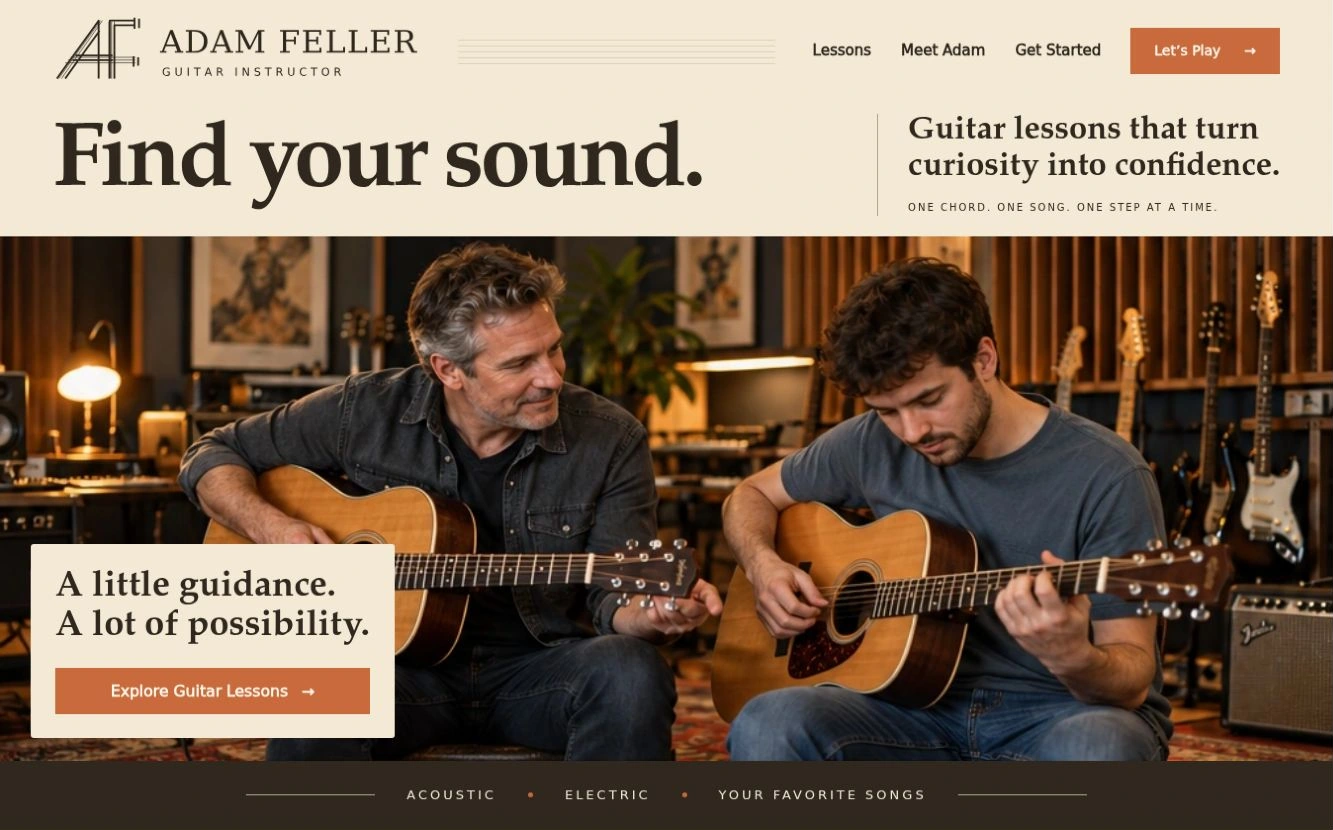 Adam Feller — Guitar Instructor website header and hero preview