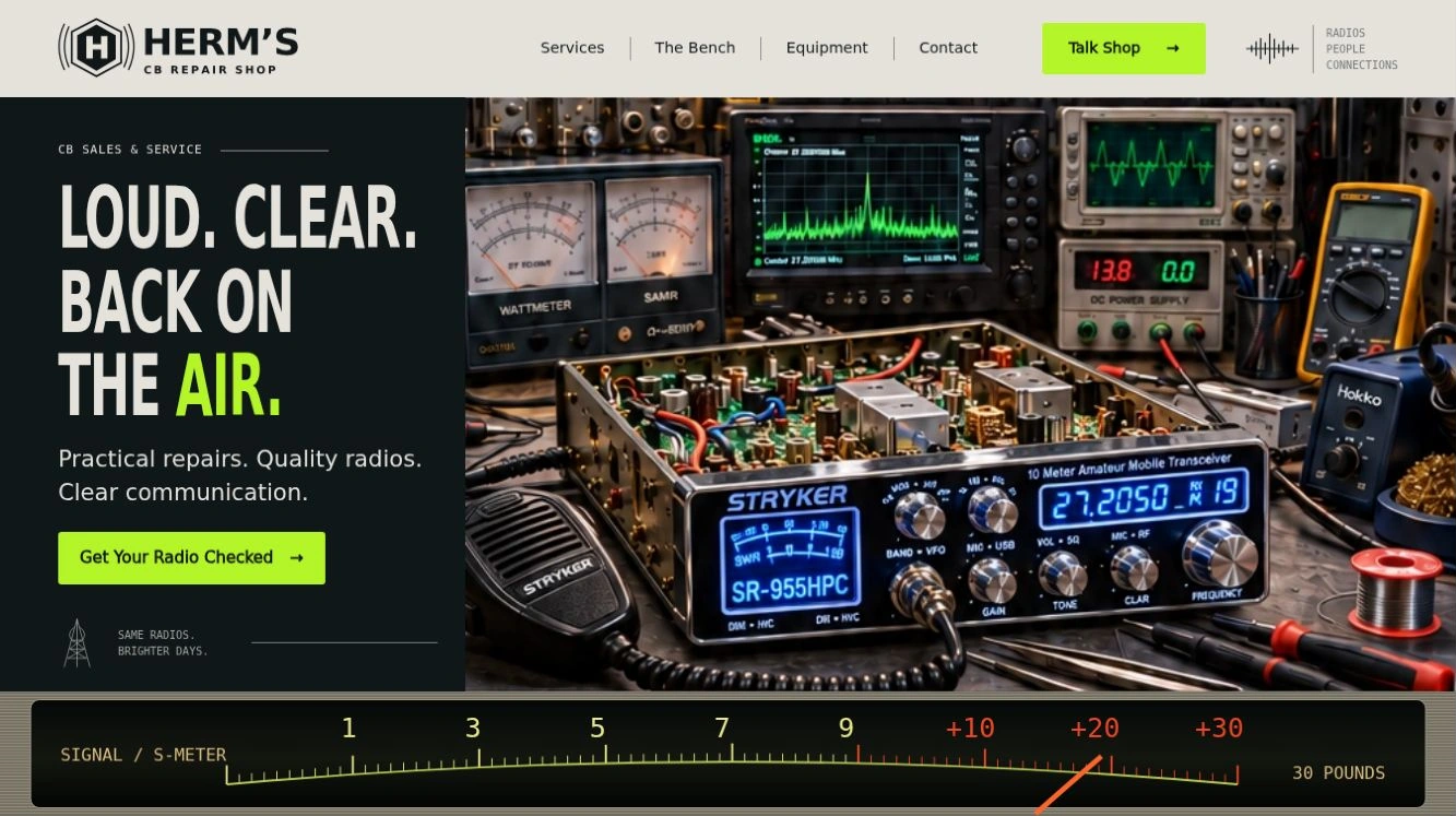 Herm’s CB Repair Shop website header and hero preview