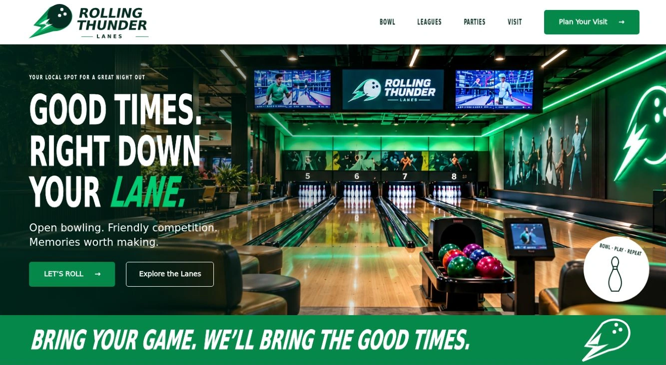 Rolling Thunder Lanes website header and hero preview