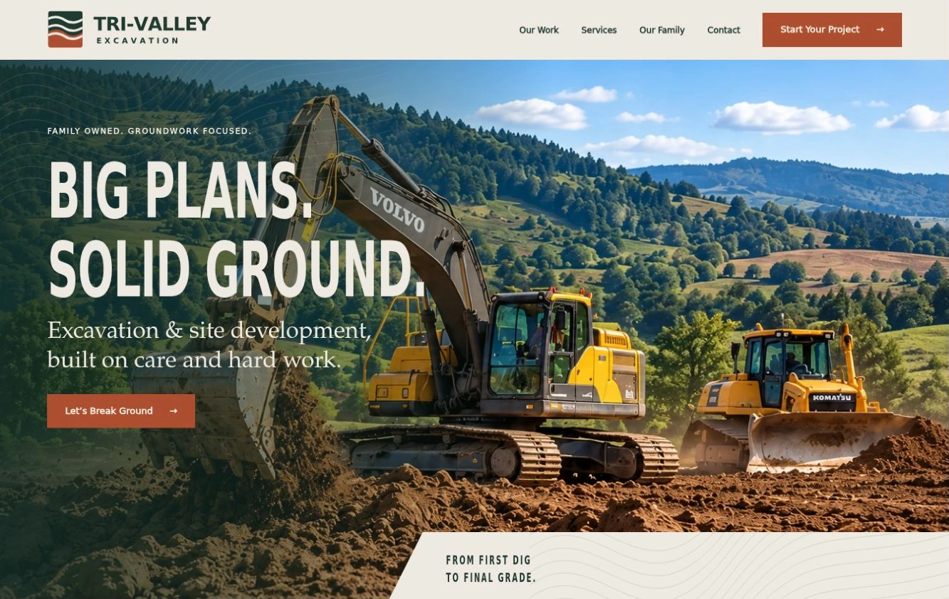 Tri-Valley Excavation website header and hero preview
