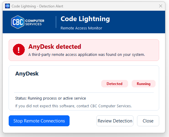 Code Lightning detection alert showing AnyDesk detected and running